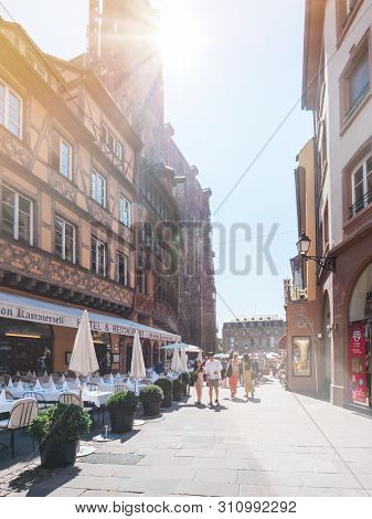 Strasbourg, France - Jul 16, 2019: Visiting Alsace - Outdoor Terrace Of Maison Kammerzell Restaurant