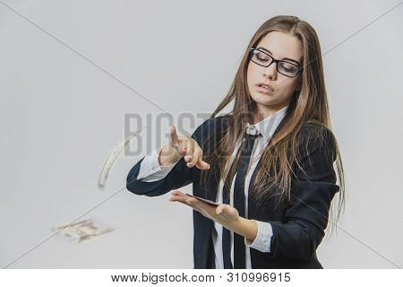 Adorable Excited Young Business Woman Is Throwing A Pile Of Money, Isolated On White Background. Gir