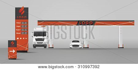 Detailed Vector Modern Flat Design Illustration Of The Gas Or Petrol Filling Station. With Road Sign