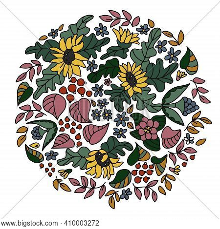 Sunflowers, Wildflowers, Leaves And Berries. Botanical Composition. Vector Hand Colored Drawing, Lin