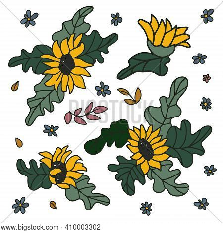 Sunflower Set. The Flowers Are Hand Drawn. Vector Elements For Invitation Design, Templates, Prints.
