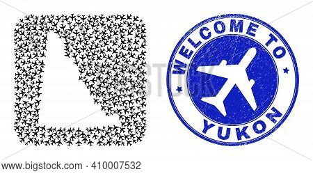 Vector Collage Yukon Province Map Of Airflight Elements And Grunge Welcome Seal Stamp. Collage Geogr