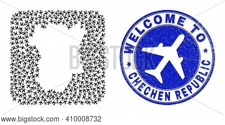 Vector Collage Chechen Republic Map Of Airways Items And Grunge Welcome Seal Stamp. Collage Geograph