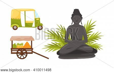 Bali Symbols And Landmarks With Stone Statue And Cart With Fruits Vector Set
