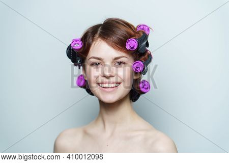 Happy Woman With Curly Hair Purple Curlers Hairstyle Bare Shoulders