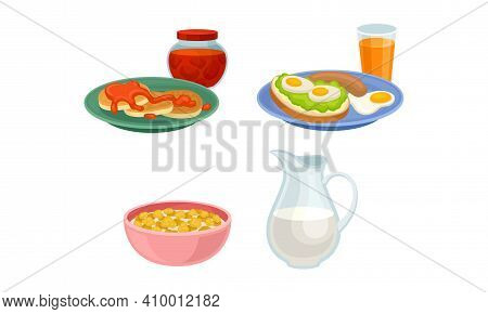 Breakfast With Pancakes, Sandwich And Corn Flakes With Milk In Bowl Vector Set