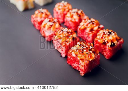 Traditional Japanese Food, Mix Colorful Sushiset Of Different Kinds Of Sushi Rolls With Salmon, Shri