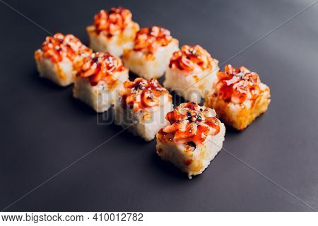 Traditional Japanese Food, Mix Colorful Sushiset Of Different Kinds Of Sushi Rolls With Salmon, Shri
