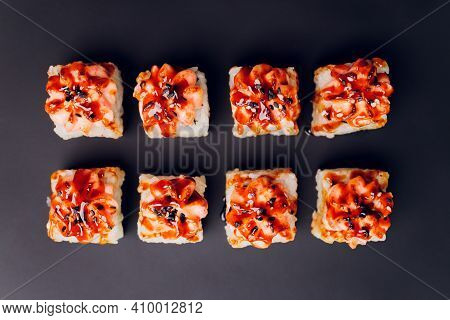 Traditional Japanese Food, Mix Colorful Sushiset Of Different Kinds Of Sushi Rolls With Salmon, Shri