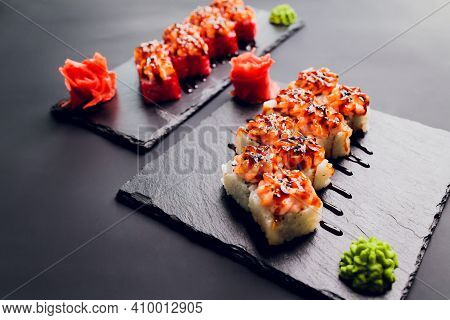 Traditional Japanese Food, Mix Colorful Sushiset Of Different Kinds Of Sushi Rolls With Salmon, Shri