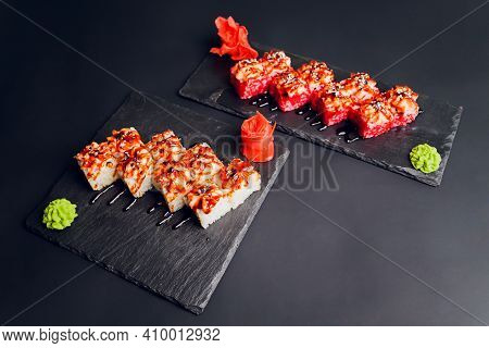Traditional Japanese Food, Mix Colorful Sushiset Of Different Kinds Of Sushi Rolls With Salmon, Shri