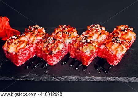 Traditional Japanese Food, Mix Colorful Sushiset Of Different Kinds Of Sushi Rolls With Salmon, Shri