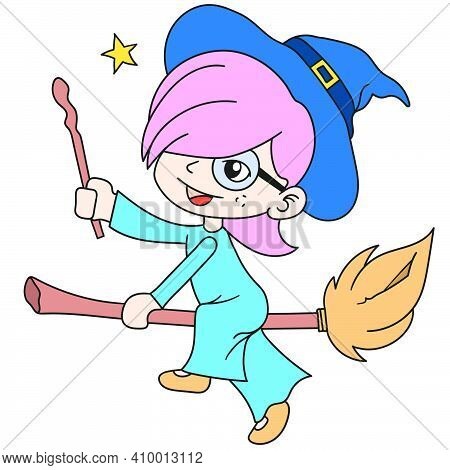 A Flying Witch Riding A Magic Broom. Doodle Icon Image. Cartoon Caharacter Cute Doodle Draw