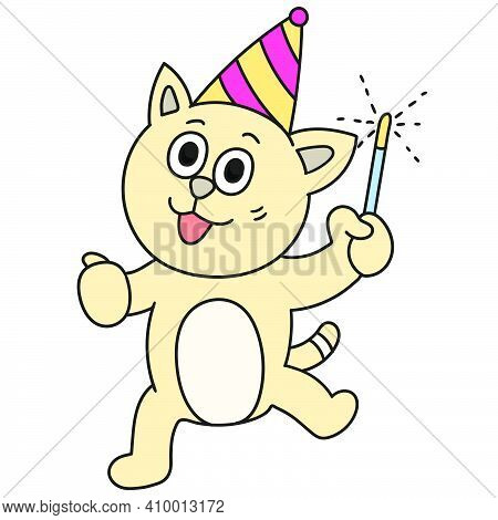 Cat Celebrating New Year Party. Doodle Icon Image. Cartoon Caharacter Cute Doodle Draw