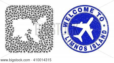 Vector Collage Limnos Island Map Of Airflight Items And Grunge Welcome Seal Stamp. Mosaic Geographic