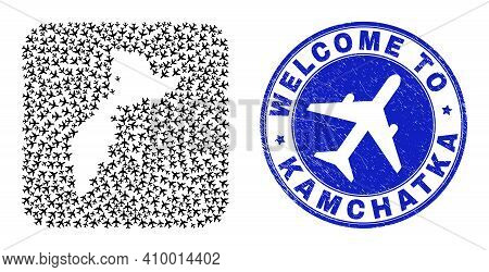 Vector Collage Kamchatka Map Of Airlines Elements And Grunge Welcome Badge. Collage Geographic Kamch
