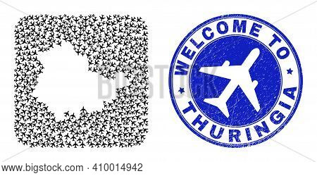 Vector Mosaic Thuringia Land Map Of Trip Elements And Grunge Welcome Badge. Mosaic Geographic Thurin
