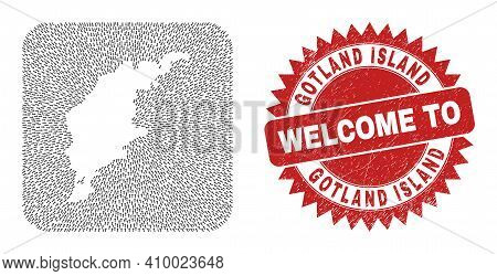 Vector Mosaic Gotland Island Map Of Motion Arrows And Scratched Welcome Badge. Mosaic Geographic Got