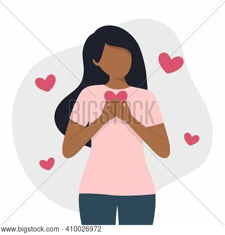 Self Love Concept Flat Vector Illustration. Black Woman Standing And Love Herself With Abstract Back