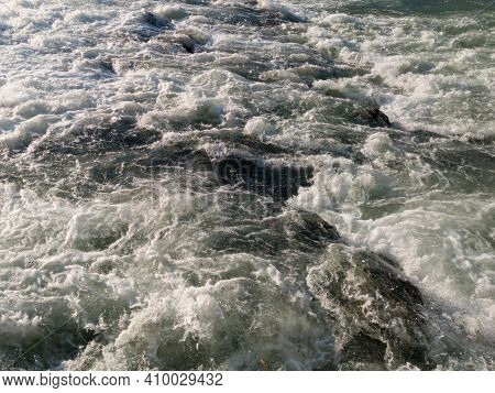 The Sparkling Turbulent Water Of The River Vrbas, Rapid Water Movement, Power Of Nature