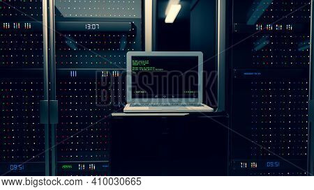 Server Room Data Center. Rackmount Led Console. Backup, Mining, Hosting, Mainframe, Farm And Compute