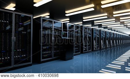 Server Room Data Center. Rackmount Led Console. Backup, Mining, Hosting, Mainframe, Farm And Compute