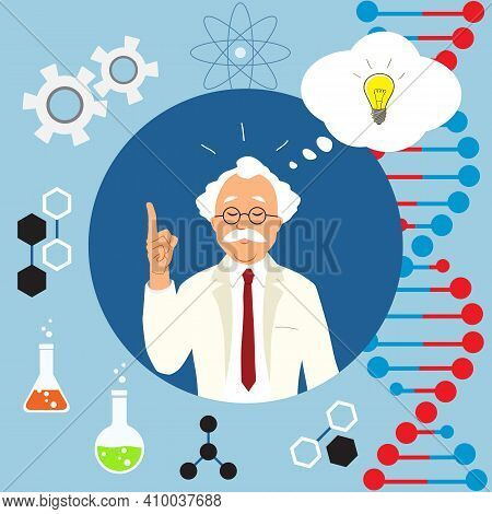 Scientist Got An Idea. Above The Head Of The Scientist, A Cloud Flies, In Which There Is A Light Bul