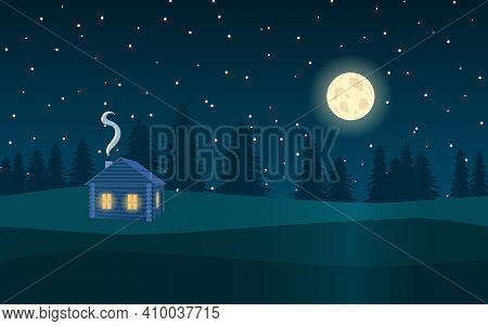 Night Landscape In The Background Of The Forest, The Moon, Stars And The Wooden House.
