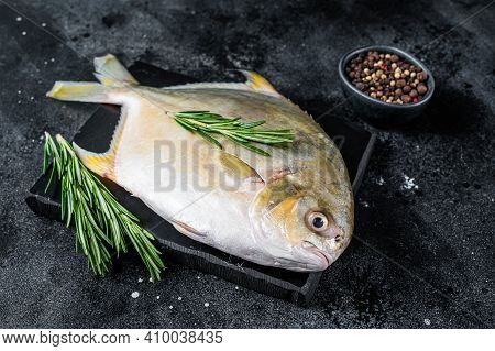 Raw Fish Pompano With Herbs On A Marble Board. Black Background. Top View