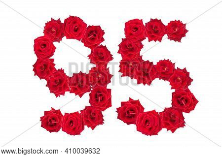 Numeral 95 Made Of Red Roses On A White Isolated Background. Red Roses. Element For Decoration. Nine
