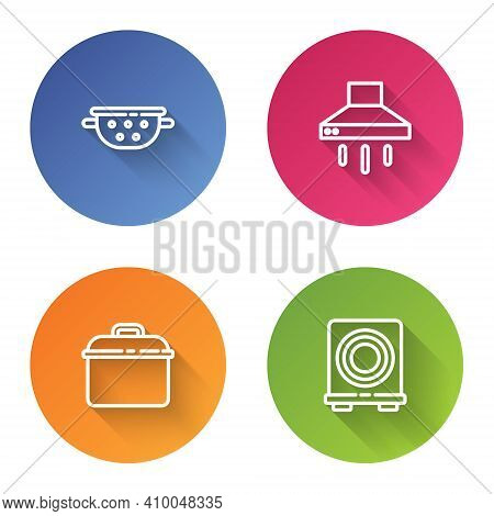 Set Line Kitchen Colander, Extractor Fan, Cooking Pot And Electric Stove. Color Circle Button. Vecto