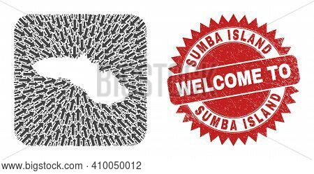 Vector Collage Sumba Island Map Of Direction Arrows And Rubber Welcome Badge. Collage Geographic Sum
