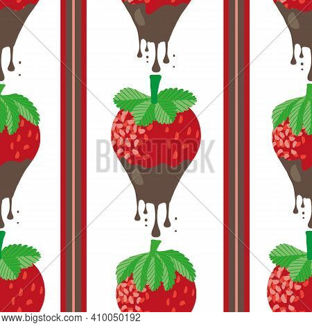 Chocolate Dipped Strawberry Striped Seamless Vector Pattern Background. Painterly Red Berries Drippi