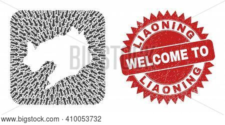 Vector Mosaic Liaoning Province Map Of Motion Arrows And Rubber Welcome Seal. Mosaic Geographic Liao
