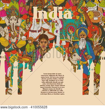Idian Spiritual And Cultural Symbols Of Religion Folk Costumes And Spicy Cuisine Print Poster Abstra