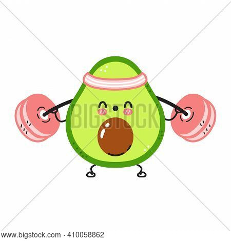 Cute Funny Avocado Make Gym With Barbell. Vector Flat Line Cartoon Kawaii Character Illustration Ico