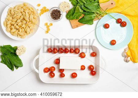 Step-by-step Preparation And Ingredients For Oven-baked Feta Cheese With Tomatoes And Pasta, Pepper