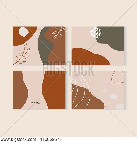 Botanical Abstract Art Vector Set Of Cards. Foliage Line Art Drawing With Abstract Shape. Abstract P
