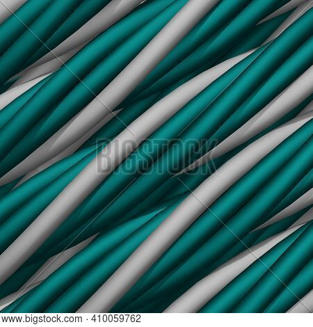 Interlaced Diagonal Shapes In Green And White Colors In The Form Of Slings. Abstract Background. 3d 