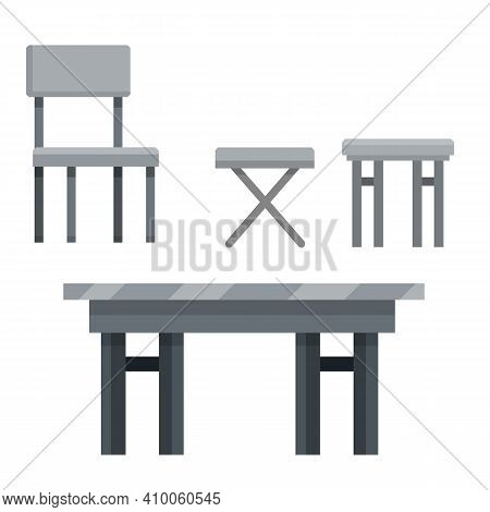 Table And Set Of Chairs. Grey Modern Kitchen Furniture. Element Of Cafe And Restaurant. Cartoon Flat