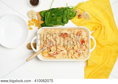 Step-by-step Preparation And Ingredients For Oven-baked Feta Cheese With Tomatoes And Pasta, Pepper