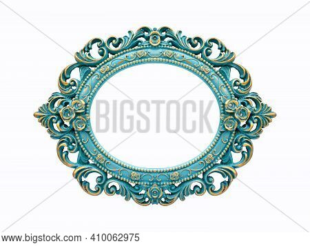 Turquoise And Gold Gilded Carved Oval Frame, Isolated On White Background