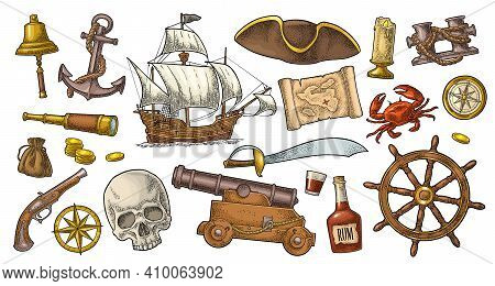 Set Pirate Adventure. Vector Color Vintage Engraving