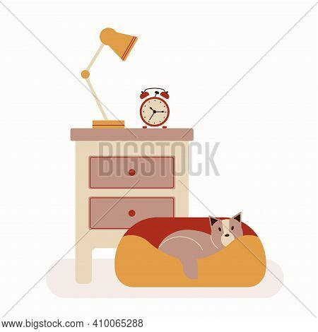 Nightstand With Lamp And Clock In Flat Style. Dog Bed. Vector Stock Illustration Of Bedside Table Is