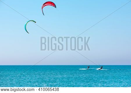 Rhodes Island, Greece - July, 26, 2019: Kitesurfers On The Prasonisi Beach - Most Femous Kitesurfing