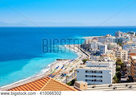 Rhodes, Greece - 11 August 2019: Beautiful Mediterranean Landscape Of The Coast Of Ixia