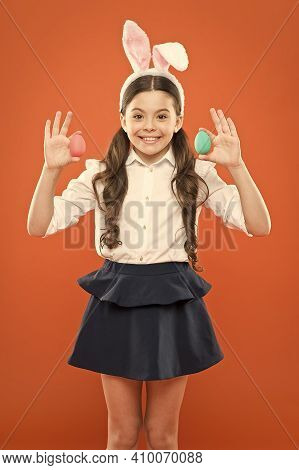 Easter Is Coming. Small Girl Child Wear Bunny Ears. Happy Easter. Egg Hunt On Spring Holiday. Holida
