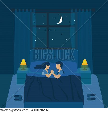 Couple On The Bed In Bedroom At Night Vector Illustration