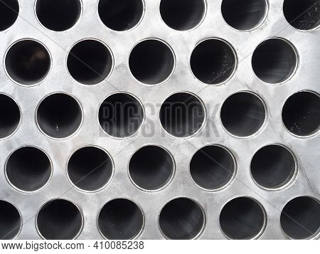 Detail Of Industrial Heat Exchanger, A Shell And Tube Condenser, Made From Stainless Steel.