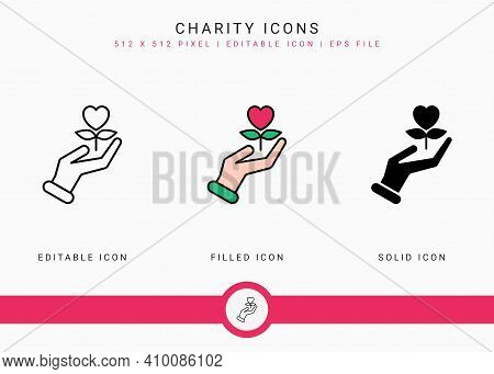 Charity Icons Set Vector Illustration With Solid Icon Line Style. Donation Love Support Concept. Edi